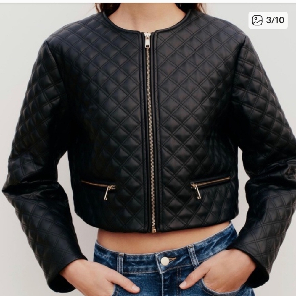 Zara Faux Leather Cropped Quilted Jacket